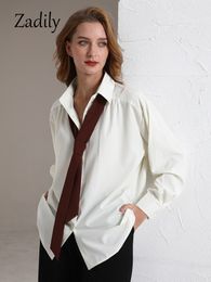 Women's Blouses Shirts Zadily Spring Minimalist Long Sleeve Button Top Women's Solid Tie Oversized Shirt Loose Top 230329