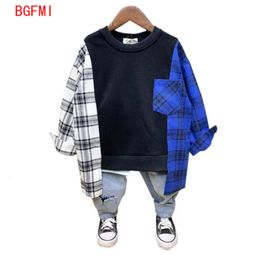 Fashion Baby Boy Plaid Patchwork Sweater Spring Autumn Cotton Shirt Korean Casual Bottoming Teen Long sleeve Top 230329