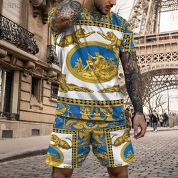 Men's Tracksuits Summer Men's Suit Gold Pattern Print T-shirt Shorts 2-piece Set Prestige and Elegant Casual Clothes High Street Baroque Shirt W0329