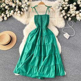 Casual Dresses Summer French Vintage Wooden Ear Edge Waist Thin Resort Style Pleated Cake Halter Dress