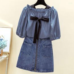 Work Dresses Summer Two-piece Suit For Women Loose Casual Chiffon Shirt Blouse And High Waist Mini Denim Skirt 2 Piece Set Outfits Q261