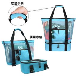 Beach Bags New Printed Beach Ice Bag Portable Net Cloth Picnic Insulation Large Capacity One Shoulder 230327