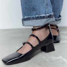 Dress Shoes Belt Buckle Mary Janes For Ladies Patent Leather Black Mid Heels Women's Square Toe Femme Ankle Strap Female Zapatos Mujer