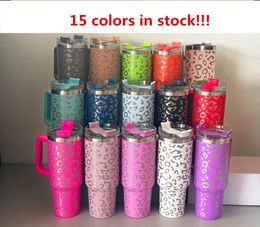 40oz leopard tumbler with Handle and Straw Reusable Insulated coffee cup Stainless Steel travel Tumbler big capacity Water Bottle Cup