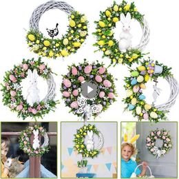 Decorative Flowers Wreaths 1PC Happy Easter Bunny Garland Bow Hanging Cartoon Rabbit Tag Ornament Egg For Spring Front Door Craft Decor P230310