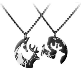 Chains Stainless Steel Animal Engrave Elk Black Jigsaw Puzzle Pendant Necklace Lover's Jewelry Gift For Him With Chain