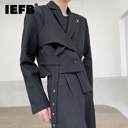 Men's Suits Blazers IEFB Men's Chic Short Blazer Autumn Detachable Two-piece Suit Coat Irregular Hem Fashion Design Black Jacket 9Y9250 230329