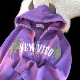 Womens Hoodies Sweatshirts Little Devil Jacket Female Autumn and Winter Letter Embroidery Sweet Cool Style Oversize Cute Unicorn Niche Sweatshirt 230329