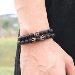 Strand 2Pcs/Set Beads Bracelet For Men Natural Lava Stone Braclet Trendy Homme Crown Skull Braslet Vintage Pulsera Jewelry Husband