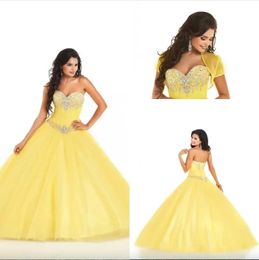 Sweetheart Beaded Sexy Yellow Organza Sweet 16 Quinceanera Dresses Crystal Ball Gown Party Prom Gowns s