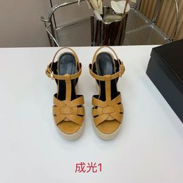Designer High Heels Thick Sole Hemp Woven Cross Strap Sandals Round Toe Wide Sole Genuine Leather Sandals with Box Large Sizes 35-42