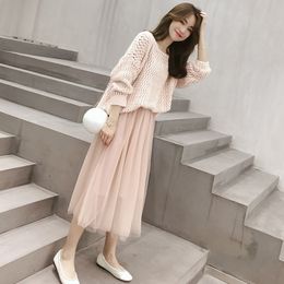 Two Piece Dress Autumn Women's Elegant Solid O-Neck Long Sleeve Loose Knitted Sweater Elastic Waist Gauze Two Pieces Ladies Skirt Suits 230329