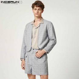 Men's Tracksuits 2023 Men Sets Plaid Streetwear Open Stitch Long Sleeve Blazer Button Shorts 2PCS Elegant Fashion Men Casual Suits 5XL W0329