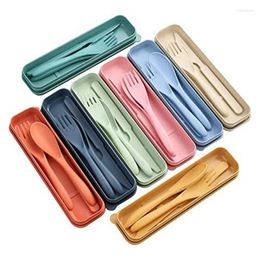 Dinnerware Sets 8 Wheat Straw Cutlery Reusable Travel Utensil Set With Case Spoon Knife Fork