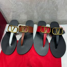 Designer Woman Brand Sandals Metal V Buckle Flip Flops Slippers Real Leather Women Luxurys Slides Fashion Causal Slipper Size 35-42
