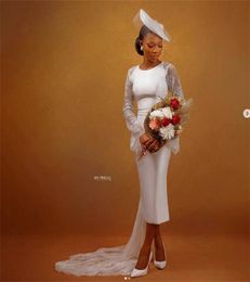Nigeria Africa Boho Wedding Dress Lace Train Simple Sheath Long Sleeve Beach Bohemain Bridal Gown Sexy Open Back Short Bride Party Dresses 2023 Black Girls casamento