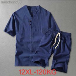 Men's Tracksuits Men's Clothing Large Size Tracksuit 8XL 9XL Linen Short T-shirt Summer Suit 160kg Clothing Track Suit 5XL Cotton Husband Set W0329