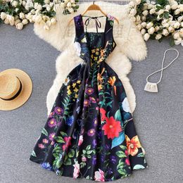 Casual Dresses French chic floral print dress Sleeveless square neckline Mid calf Rainbow Jurk ALine Dress Empire Vestibus Tights 230329
