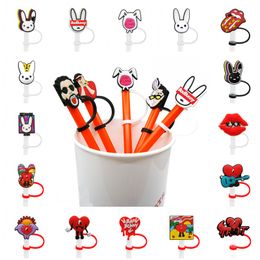 9pcs/set straw toppers cover Moulds bad bunny silicone charms for tumbers Reusable Splash Proof drinking dust plug decorative 8mm straw cup