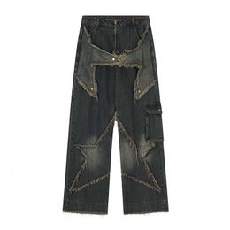 Men's Pants Hi Street Ripped Vintage Wide Leg Jeans Trousers Star Pattern Streetwear Straight Denim For Male Loose 230328