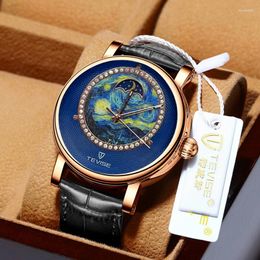 Wristwatches Tourbillon Automatic Watch For Men Mechanical Mens Watches Man Moon Phase Rose Gold Reloj Hombre Waterproof Diamond Male Clock