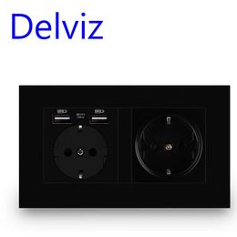 DelvizToma USB power socket with black panel charging interface CA 110~250V 146mm 86mm 16A EU standard dual frame USB plug Z0327