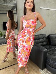 Casual Dresses Sexy Summer Print Suspender Women's Long Dress Backless Sleeveless Lace Up Split For Women