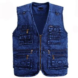 Men's Vests Men's vest Outerwear denim waistcoat deep blue Colour plus size sleeveless jacket Multi-pocket size XL to 5XL 230329