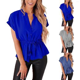 Women's Blouses Sexy Shirts Ladies Summer Solid Colour Stand Neck Pleated Lace Up Chiffon Bat Short Sleeve Light Tunic