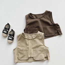 Waistcoat 100% Cotton Vintage Boys And Girls Vest Tops Spring Baby Kids Korean Casual Sleeveless Tank Top Children's Clothing WT835 230329