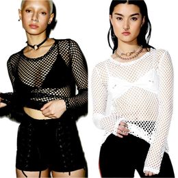 Women's T-Shirt Women's Mesh Fishnet Long Sleeve Sheer Tops T shirt Sexy Perspective Tee Shirt Solid Black White vestidos P230328