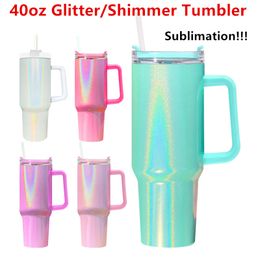 40oz Sublimation Glitter Tumbler with Handle Shimmer Tumbler Stainless Steel big capacity Beer Mug Insulated Travel Mug Keep Drinks Cold Travel Coffee Mug New