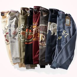 Mens Hoodies Sweatshirts American Retro Terry Printed Pure Cotton Washed Old Round Neck Pullover Knitted Longsleeved Casual 230329