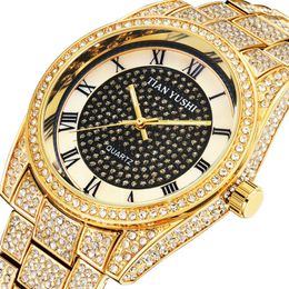 Wristwatches Golden Luxury Quartz Watch Men Diamond Stainless Steel Watches Male Roman Dial Business Tonneau Clock Relogio Masculino HombreW