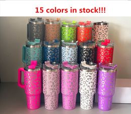 40oz leopard tumbler with Handle and Straw Reusable Insulated coffee cup Stainless Steel travel Tumbler big capacity Water Bottle Cup 15 colors