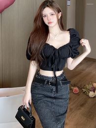 Women's Blouses BETHQUENOY Tops For Women Summer Clothes 2023 Frill Trim V Neck Tie Bow Chiffon Blouse Top Woman Short Sleeve Black Crop