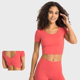 Women's Yoga Sports Short Sleeve Tee Crop Top With Pads T-shirt Crew Neck Fitness Sportwear Solid Colour Gym Wear LL887