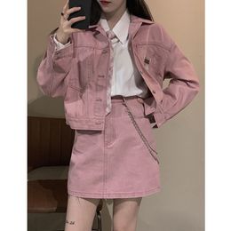 Two Piece Dress Retro pink Women denim skirt two piece set summer Korean fashion turn-down collar short jacket mini skirt suit 230329