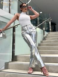 Women's Pants Capris Clacive Fashion Ultrathin Silver Women's Pants Bodycon High Waist Straight Trousers Streetwear Retro Reflective Women's Wear 230329