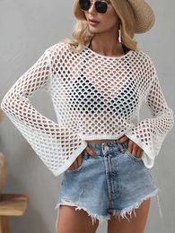 Womens T-Shirt Solid Color Mesh Knitwears Women Hollow Out Loose Sweater Spring Summer Long Sleeve Knitted Pullover Tops Beach Bikini Cover Up luly