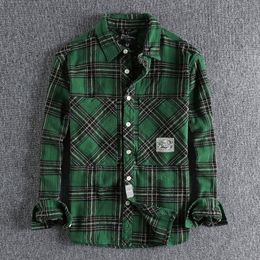 Men's Casual Shirts 8112# Autumn Japanese Retro Cargo Sueded Plaid Shirt Men's Fashion 100% Cotton Washed Old Pocket Long Sleeve Casual Blouses 230329