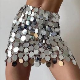 Skirts Solid y2k Shiny Sequins Sexy Mini Skirt For Women Hollow Out See Through Circular Sequin Outside Streetwear Lady 230329