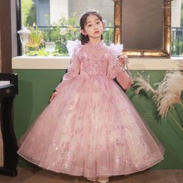 Girl Dresses Pink Princess Dress Kids Sequins Tulle Long Sleeve Wedding Flower Girls Sweet Cute Formal Party Ball Gown