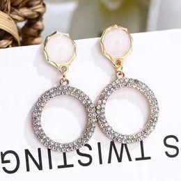 Rhinestone Big Round Drop Earrings for Women Pearl Crystal Dangle Earring Gold Color Brincos Wedding Party Jewelry