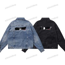 xinxinbuy Men designer Coat Jacket Sea Wave Embroidery Denim long sleeve women black khaki blue XS-2XL