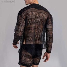 Men's Tracksuits ropa hombre Autumn 1 Set Men Top Shorts Hollow Out Solid Colour Lace See Through Outfit for Wedding Night Mens Two Piece Suits W0329