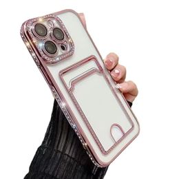 Luxury Diamond Card Holder Wallet Phone Case For iPhone 14 Plus 11 12 13 Pro Max Plating Transparent Shockproof Soft Cover