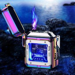 Colorful Mech Style Lighters Windproof Waterproof USB Cyclic Charging ARC Lighter Portable Electricity LED Light Herb Cigarette Tobacco Smoking Holder