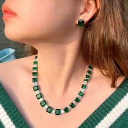 Trendy Lab Emerald Diamond Jewelry set 14K Gold Wedding Chocker Necklace Earrings For Women Bridal sets Engagement Jewelry