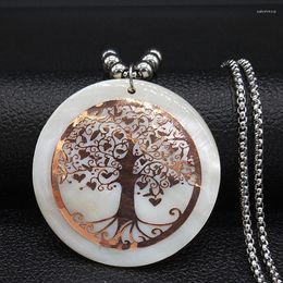 Pendant Necklaces Tree Of Life Shell Stainless Steel Necklace Women Rose Gold Color Long Bead Chain Jewelry Gargantilla N19194S07